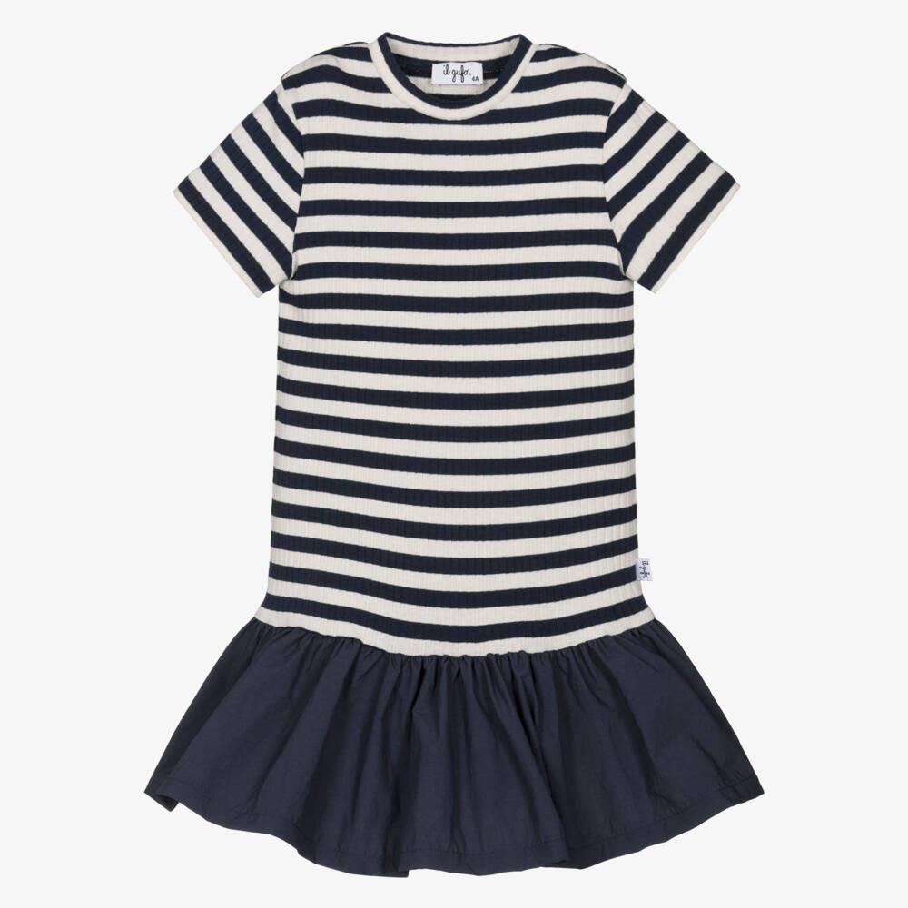 Il Gufo-Girls Navy Blue & White Striped Cotton Jersey Dress | Childrensalon