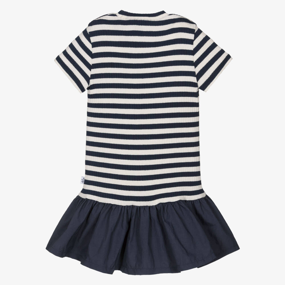 Il Gufo-Girls Navy Blue & White Striped Cotton Jersey Dress | Childrensalon