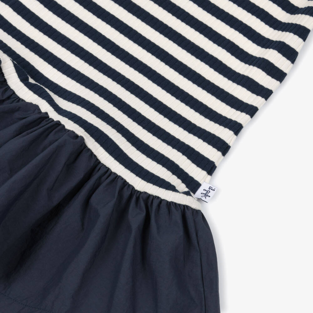 Il Gufo-Girls Navy Blue & White Striped Cotton Jersey Dress | Childrensalon