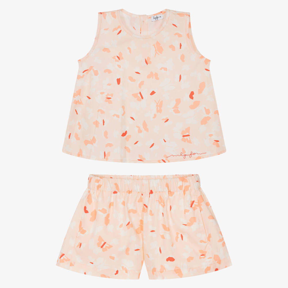 Il Gufo-Girls Pastel Orange Cotton Shorts Set with Butterfly Print | Childrensalon