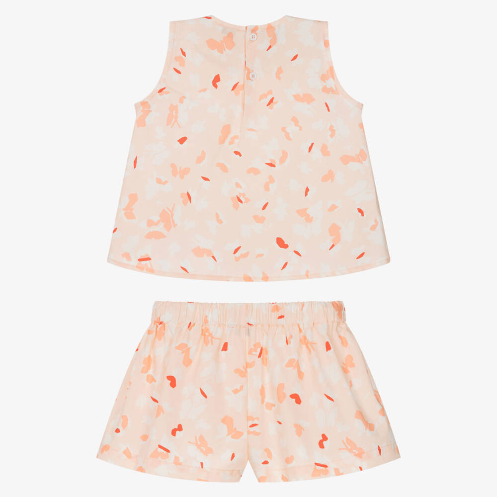 Il Gufo-Girls Pastel Orange Cotton Shorts Set with Butterfly Print | Childrensalon