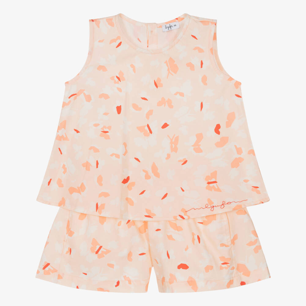 Il Gufo-Girls Pastel Orange Cotton Shorts Set with Butterfly Print | Childrensalon