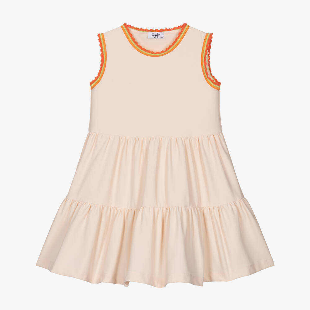 Il Gufo-Girls Pastel Orange Tiered Jersey Dress with Striped Trim | Childrensalon