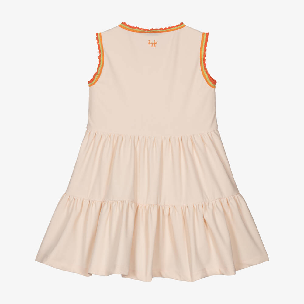 Il Gufo-Girls Pastel Orange Tiered Jersey Dress with Striped Trim | Childrensalon