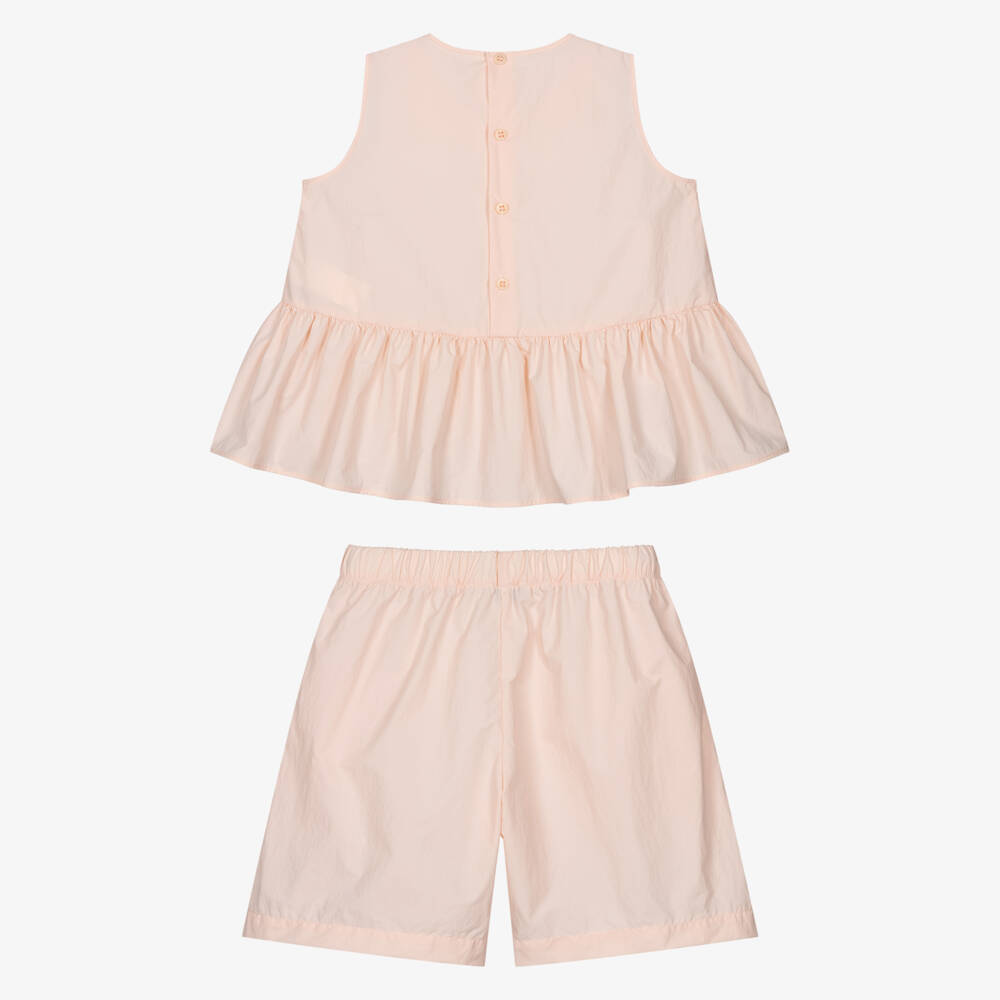 Il Gufo-Girls Peach Pink Ruffle Hem Shorts Set | Childrensalon