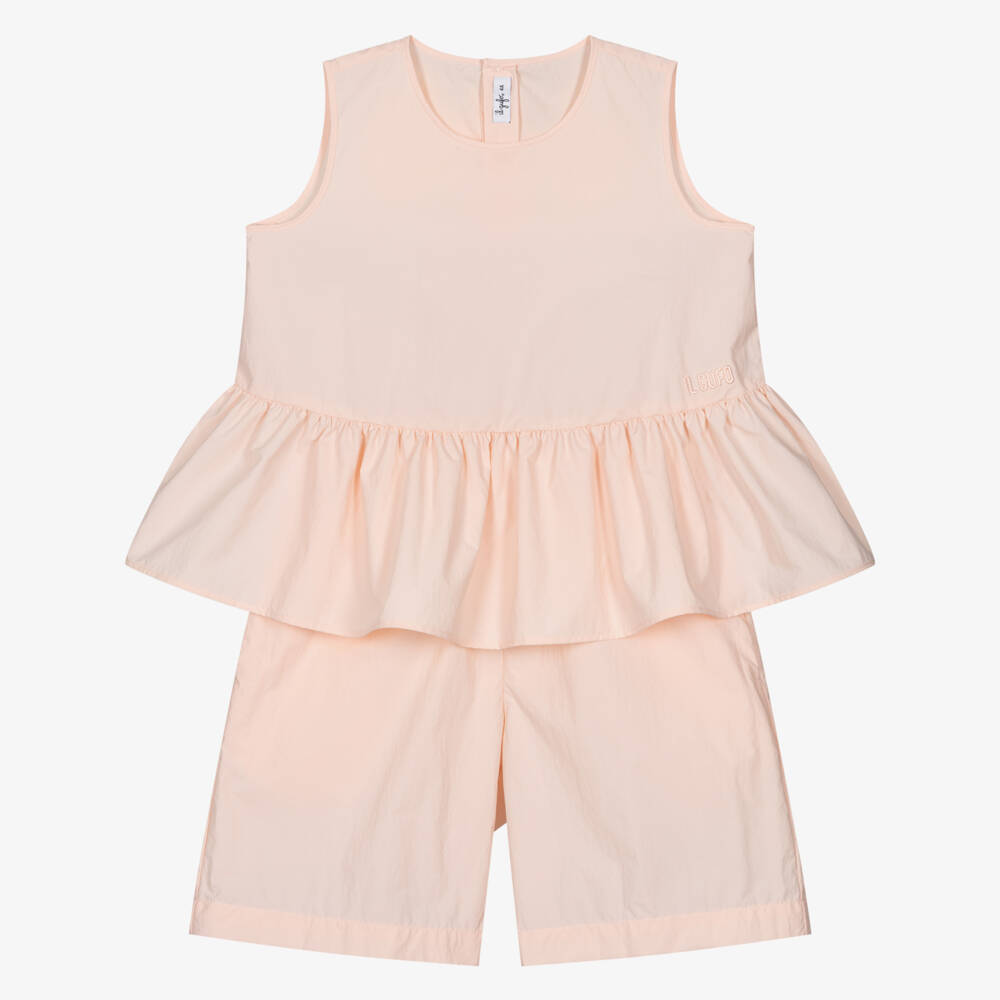 Il Gufo-Girls Peach Pink Ruffle Hem Shorts Set | Childrensalon