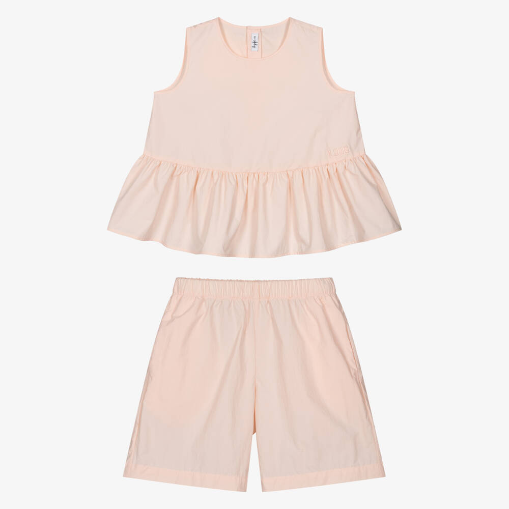 Il Gufo-Girls Peach Pink Ruffle Hem Shorts Set | Childrensalon