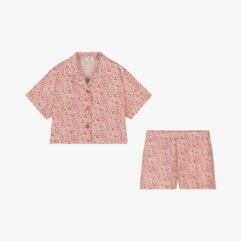 Il Gufo-Girls Pink Cherry Cotton Shorts Set | Childrensalon