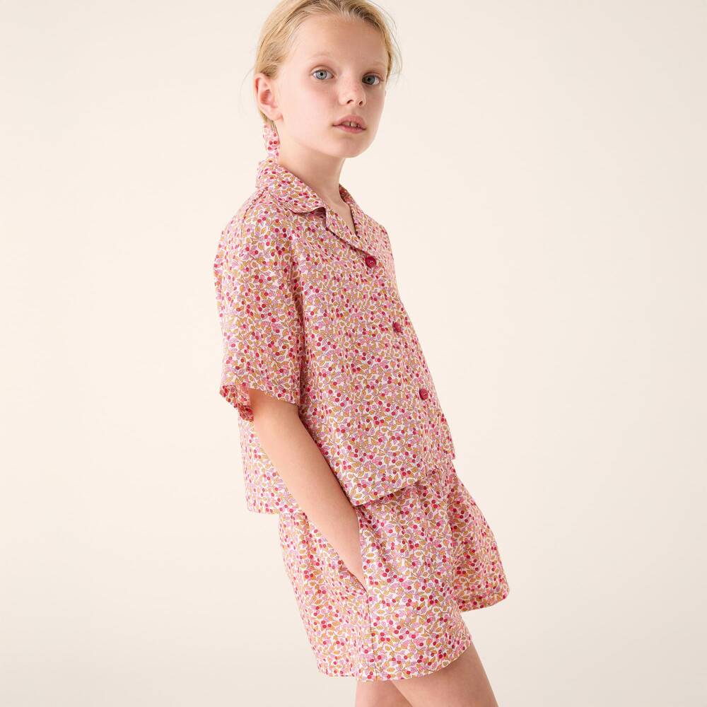 Il Gufo-Girls Pink Cherry Cotton Shorts Set | Childrensalon