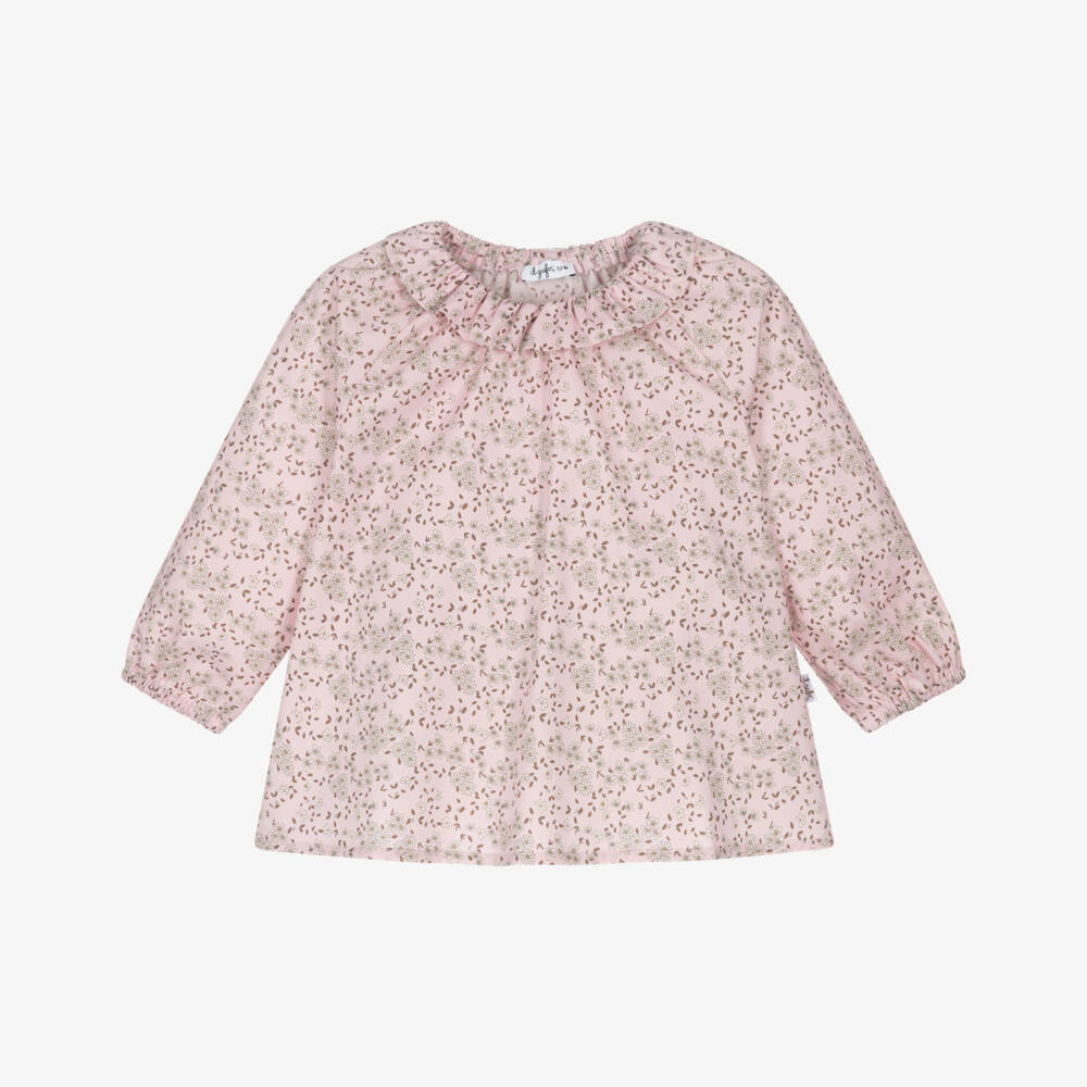 Il Gufo-Girls Pink Floral Cotton Blouse with Ruffle Collar | Childrensalon
