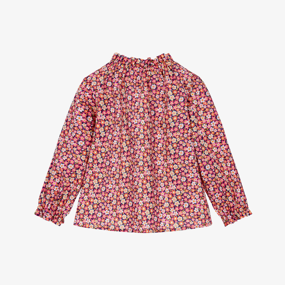 Il Gufo-Girls Pink Floral Liberty Fabric Blouse with Ruffle Neck | Childrensalon