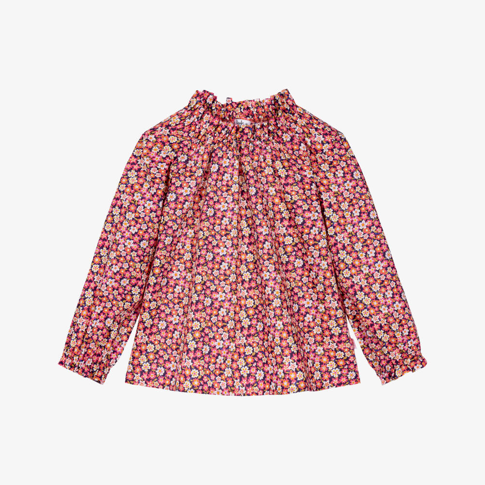 Il Gufo-Girls Pink Floral Liberty Fabric Blouse with Ruffle Neck | Childrensalon