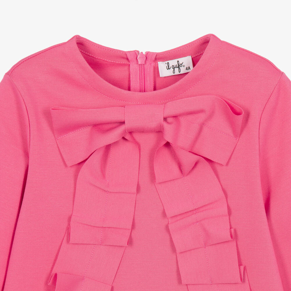 Il Gufo-Girls Pink Milano Jersey Dress with Ruffled Bow | Childrensalon