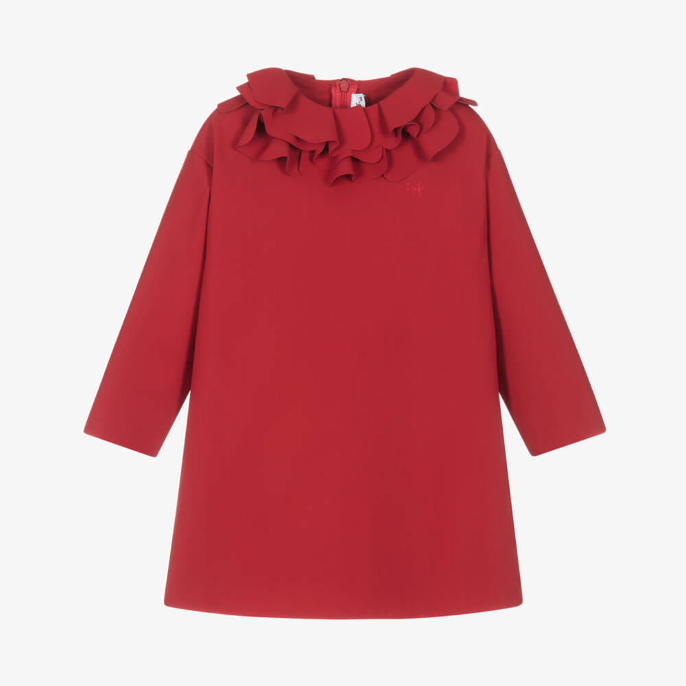 Il Gufo-Girls Red Scuba Jersey Dress with Ruffled Neckline | Childrensalon
