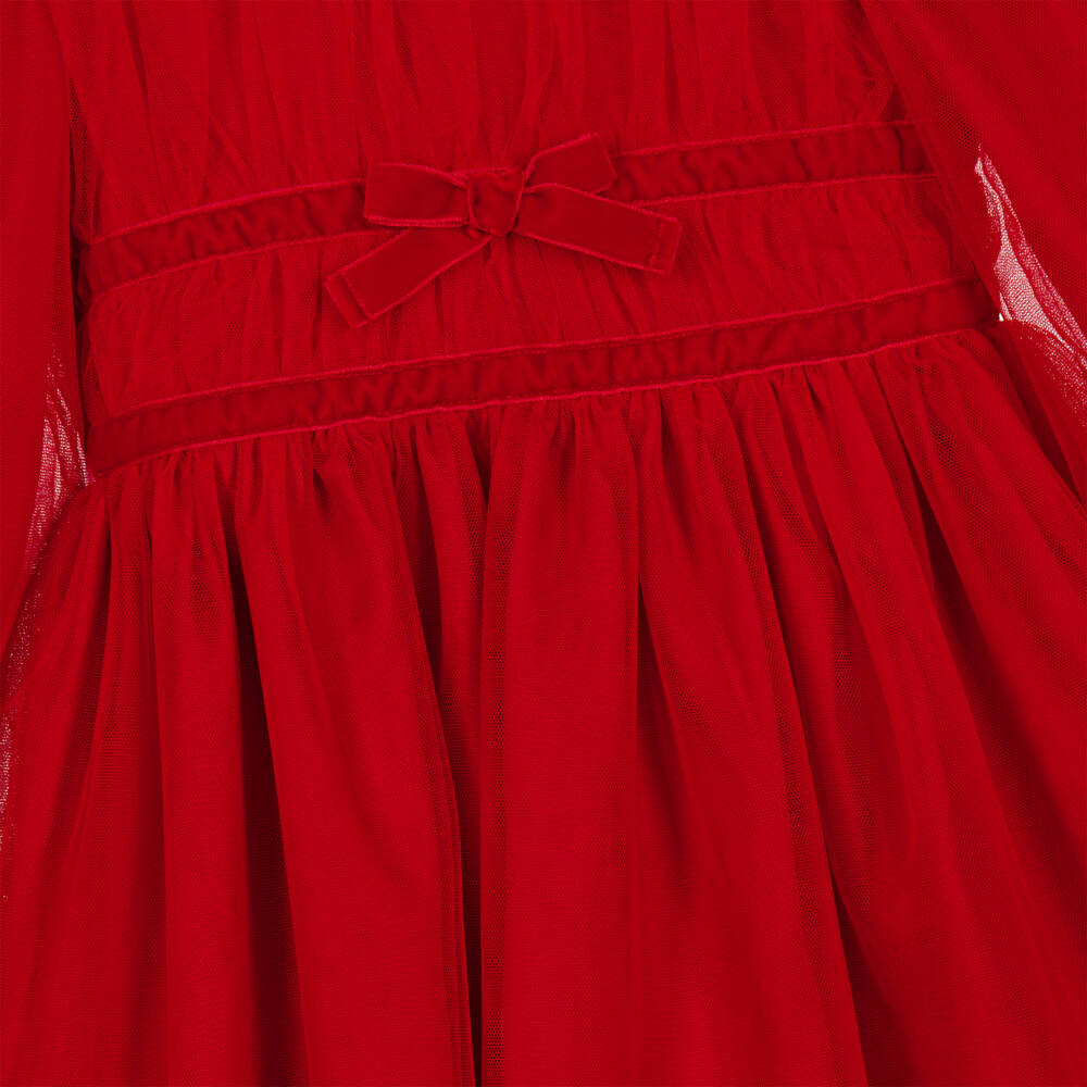 Il Gufo-Girls Red Tulle Dress with Velvet Bow | Childrensalon