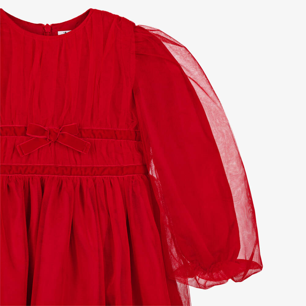 Il Gufo-Girls Red Tulle Dress with Velvet Bow | Childrensalon