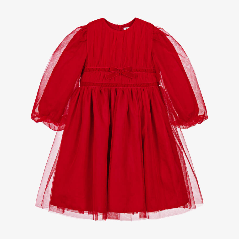 Il Gufo-Girls Red Tulle Dress with Velvet Bow | Childrensalon