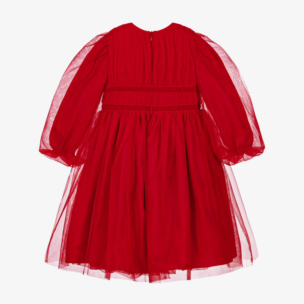 Il Gufo-Girls Red Tulle Dress with Velvet Bow | Childrensalon