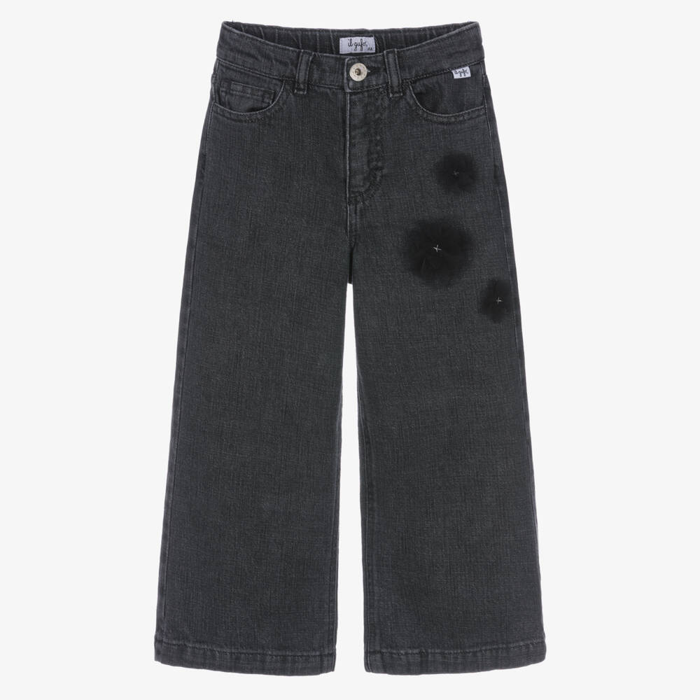 Il Gufo-Girls Washed Black Jeans with Tulle Flowers | Childrensalon