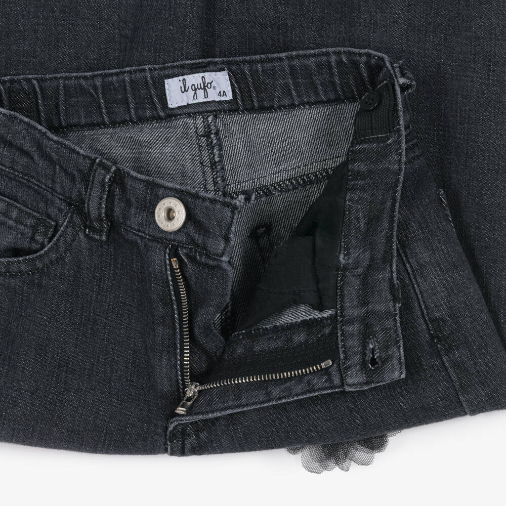 Il Gufo-Girls Washed Black Jeans with Tulle Flowers | Childrensalon