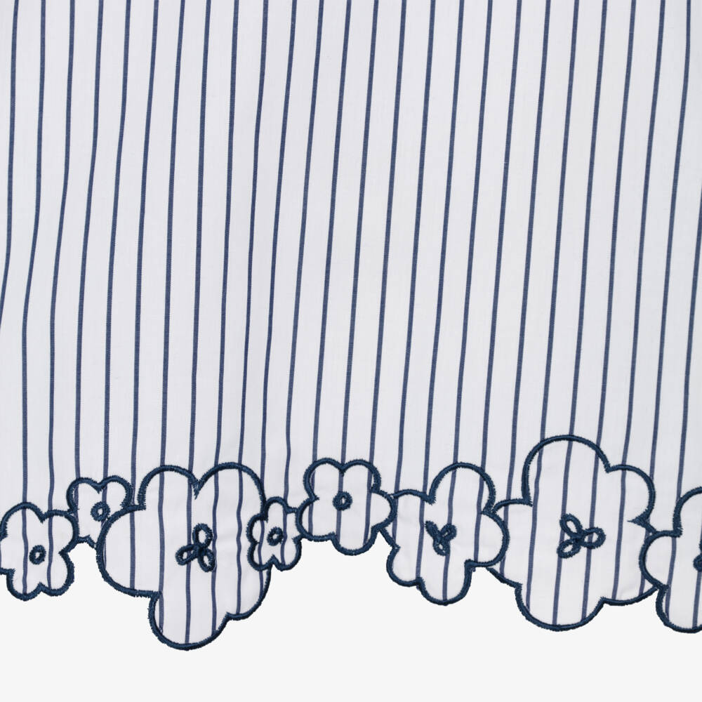 Il Gufo-Girls White & Blue Striped Cotton Blouse with Floral Hem | Childrensalon