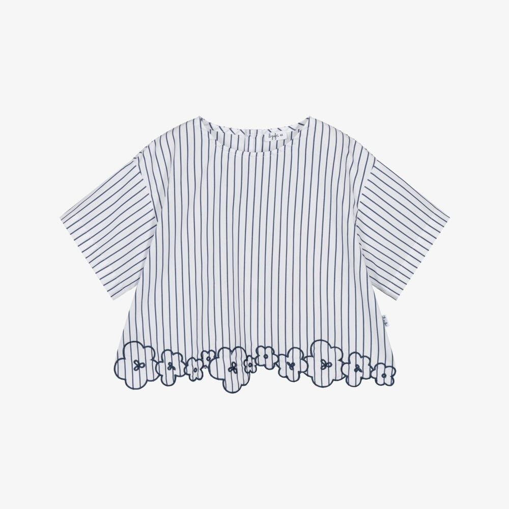 Il Gufo-Girls White & Blue Striped Cotton Blouse with Floral Hem | Childrensalon