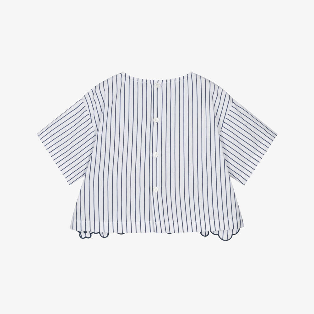 Il Gufo-Girls White & Blue Striped Cotton Blouse with Floral Hem | Childrensalon