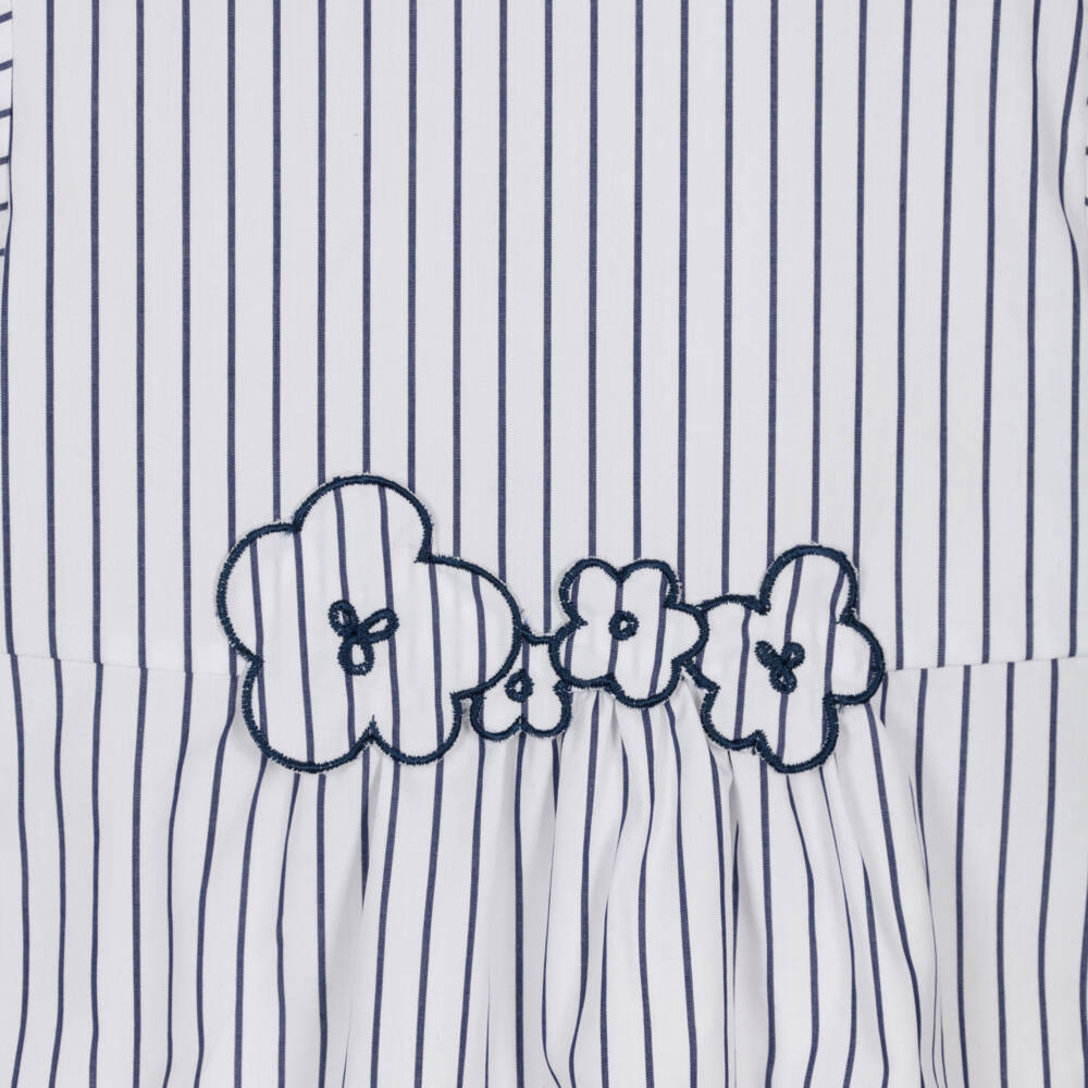 Il Gufo-Girls White & Blue Striped Cotton Blouse with Floral Trim | Childrensalon