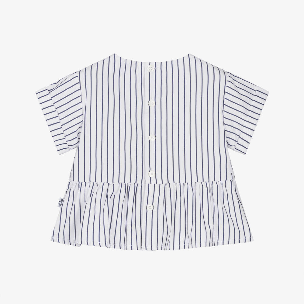 Il Gufo-Girls White & Blue Striped Cotton Blouse with Floral Trim | Childrensalon