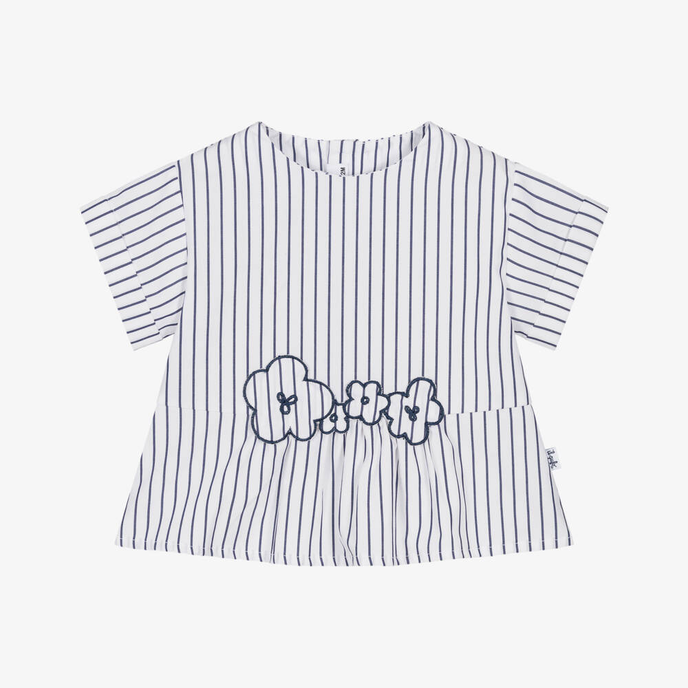 Il Gufo-Girls White & Blue Striped Cotton Blouse with Floral Trim | Childrensalon