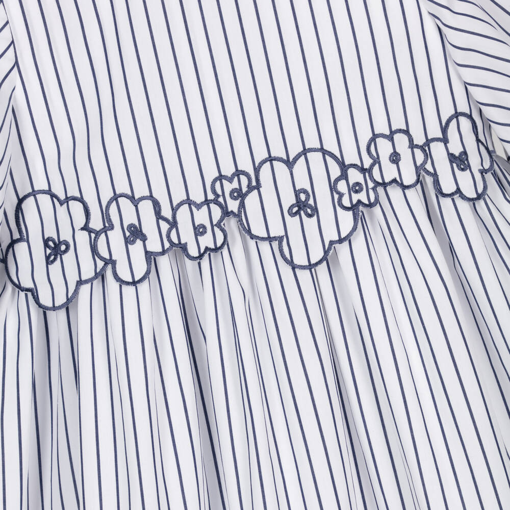 Il Gufo-Girls White & Blue Striped Cotton Dress with Floral Trim | Childrensalon