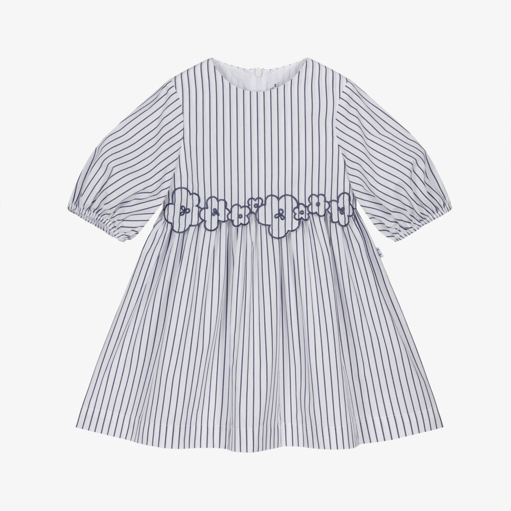 Il Gufo-Girls White & Blue Striped Cotton Dress with Floral Trim | Childrensalon