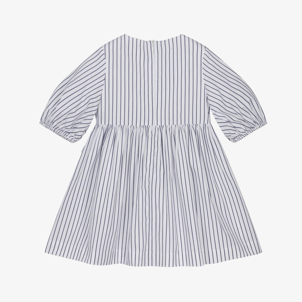 Il Gufo-Girls White & Blue Striped Cotton Dress with Floral Trim | Childrensalon