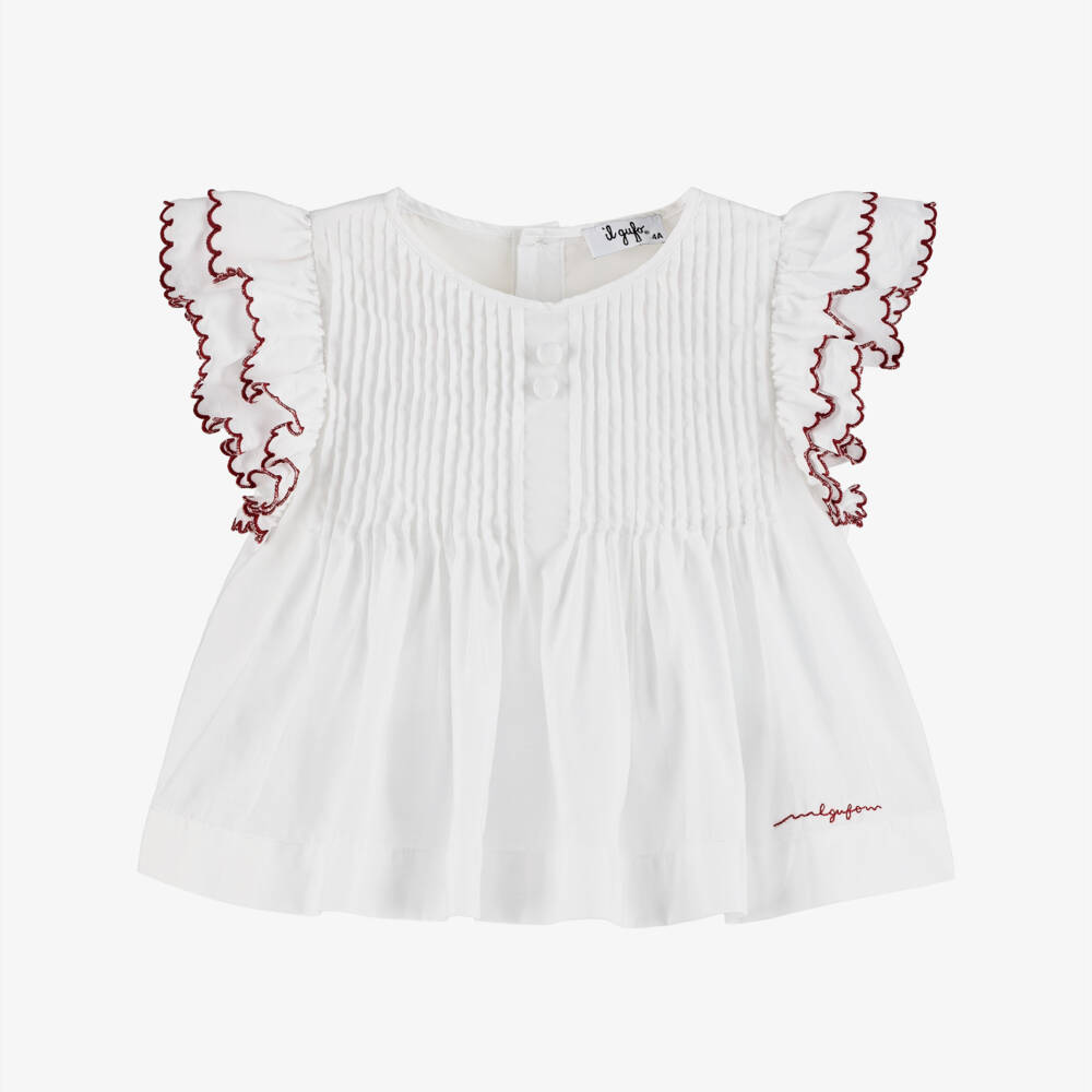 Il Gufo-Girls White Cotton Blouse with Scalloped Ruffle Sleeves | Childrensalon