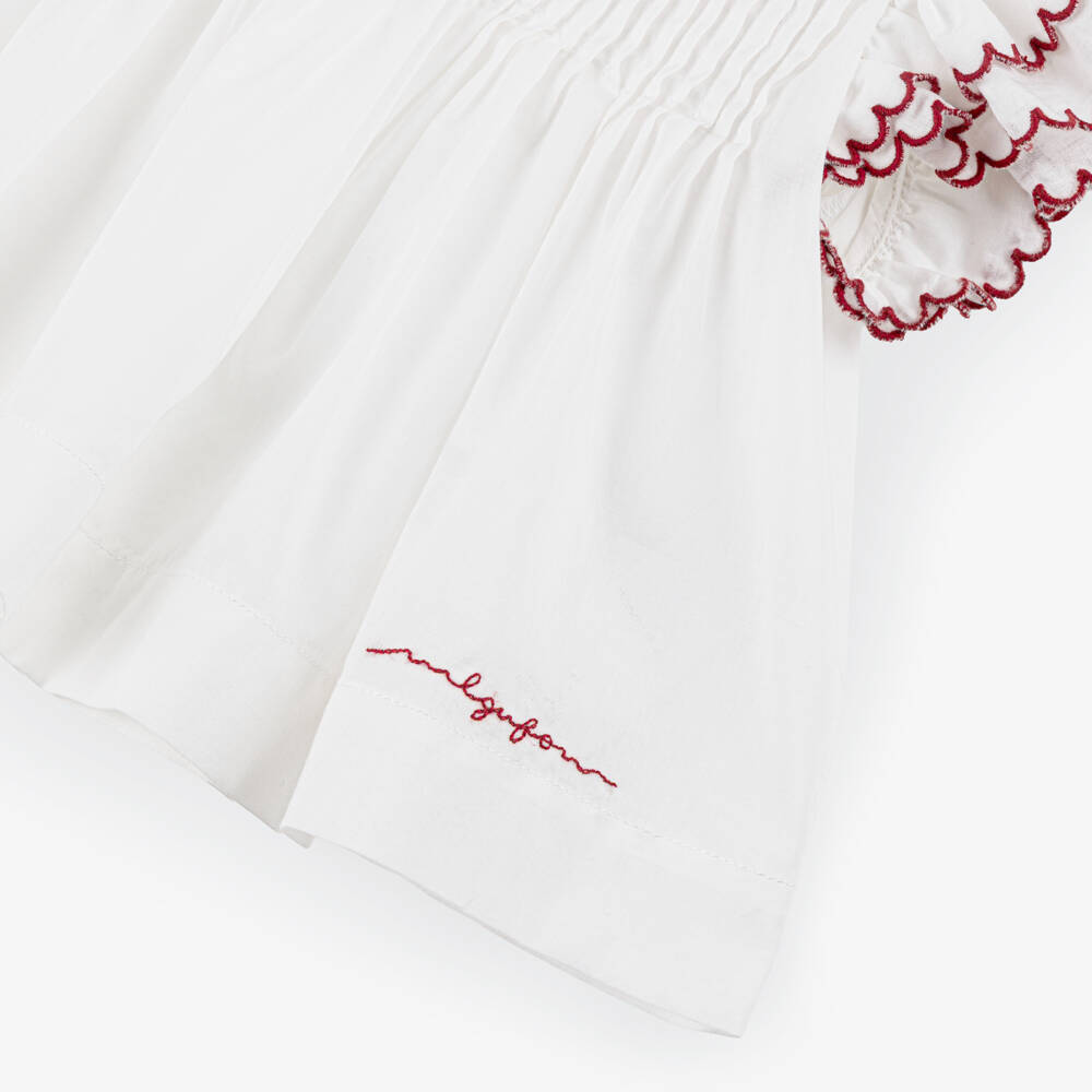 Il Gufo-Girls White Cotton Blouse with Scalloped Ruffle Sleeves | Childrensalon