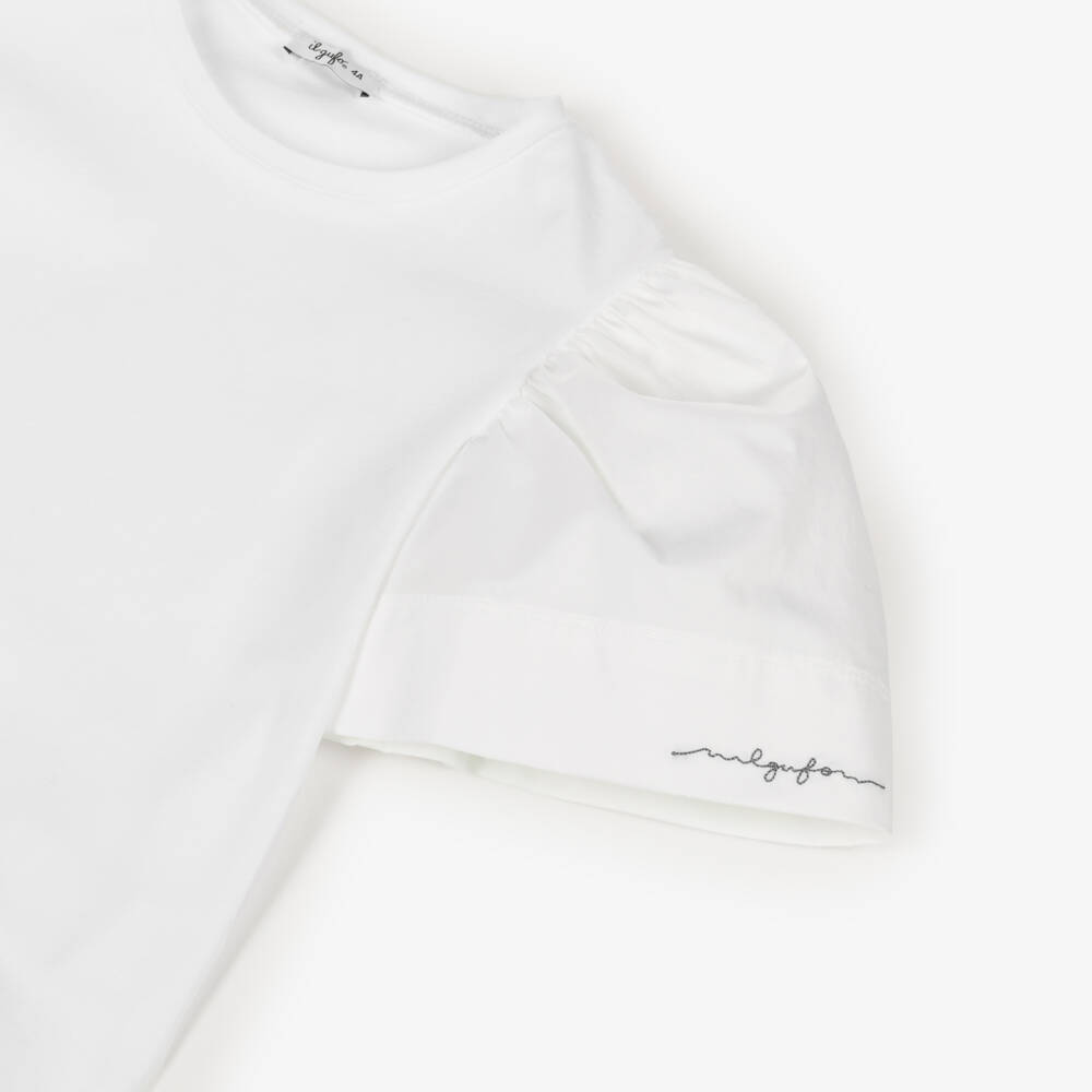 Il Gufo-Girls White Cotton Puff Sleeve T-Shirt with Logo | Childrensalon