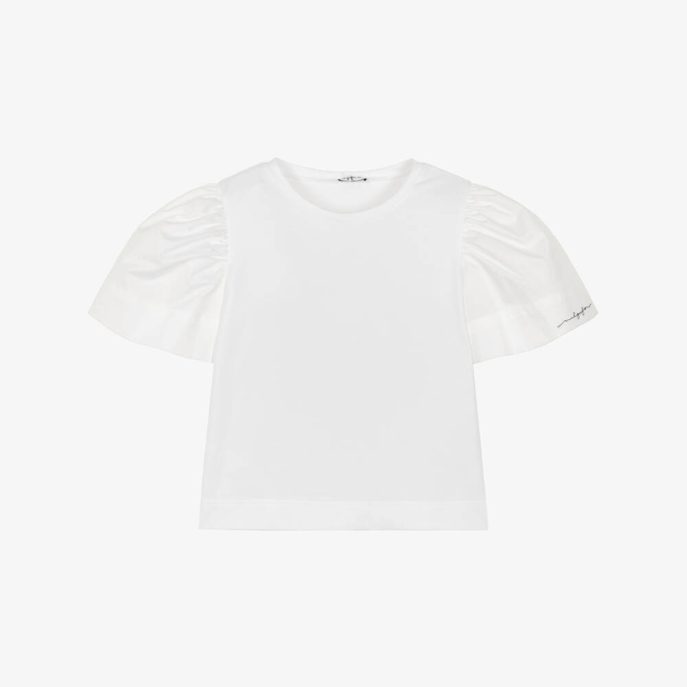 Il Gufo-Girls White Cotton Puff Sleeve T-Shirt with Logo | Childrensalon