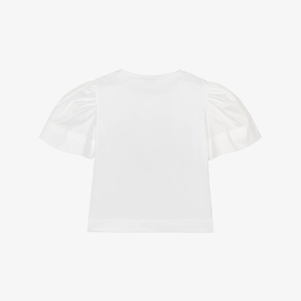 Il Gufo-Girls White Cotton Puff Sleeve T-Shirt with Logo | Childrensalon