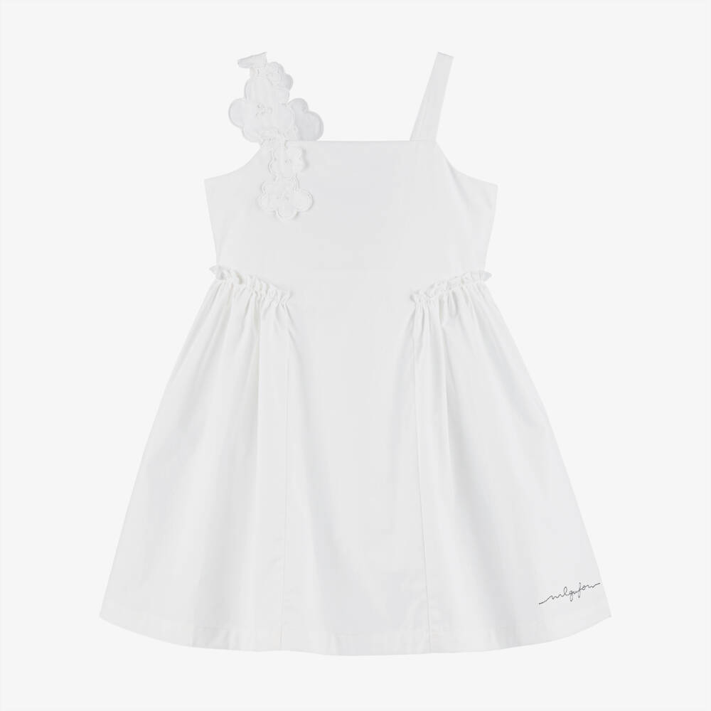 Il Gufo-Girls White Cotton Sleeveless Dress with Floral Appliqués | Childrensalon