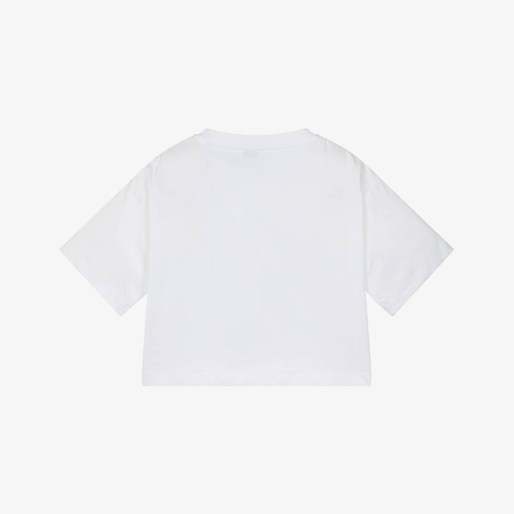 Il Gufo-Girls White Cotton T-Shirt with Embroidered Flowers & Logo | Childrensalon