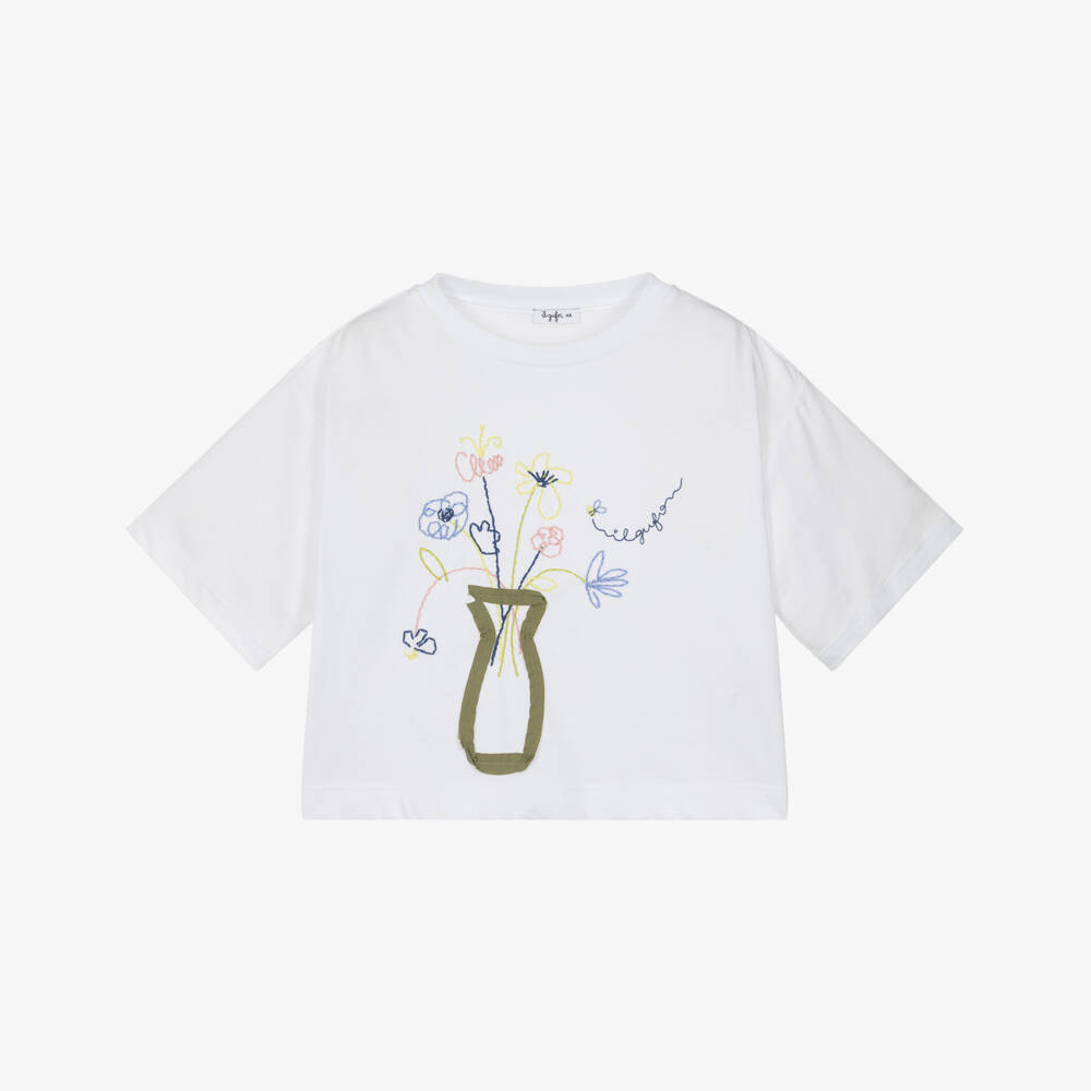 Il Gufo-Girls White Cotton T-Shirt with Embroidered Flowers & Logo | Childrensalon