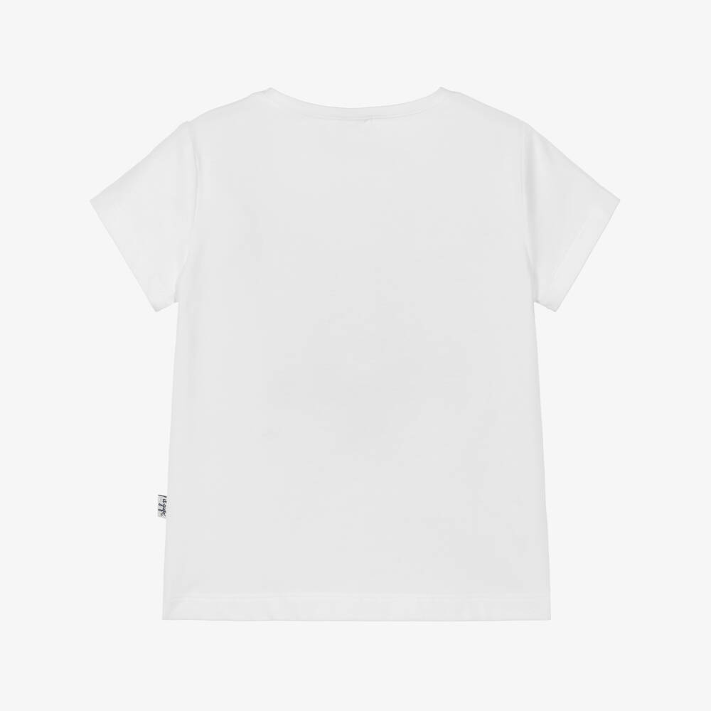 Il Gufo-Girls White Cotton T-Shirt with Navy Blue Bow Motif | Childrensalon