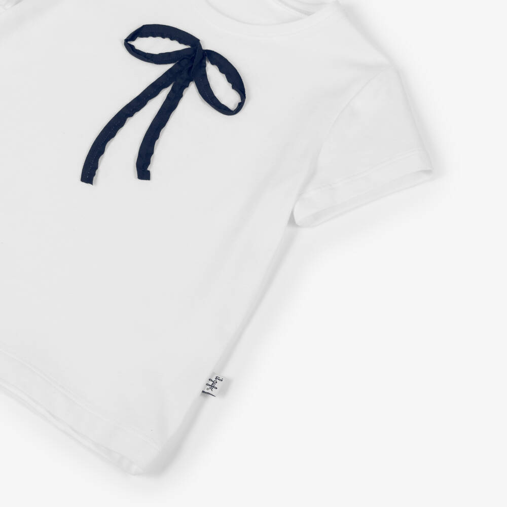 Il Gufo-Girls White Cotton T-Shirt with Navy Blue Bow Motif | Childrensalon