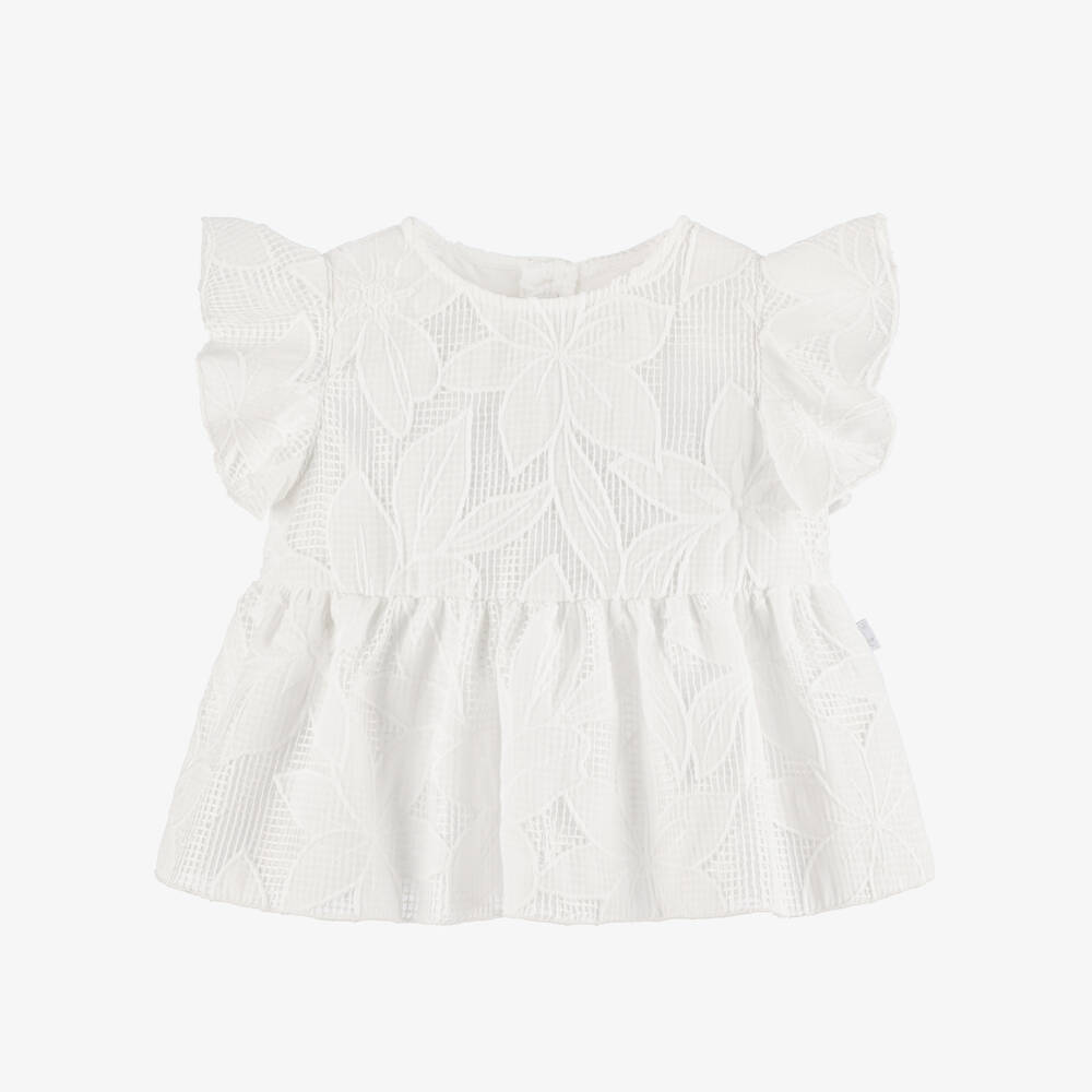 Il Gufo-Girls White Floral Appliqué Blouse with Ruffle Sleeves | Childrensalon