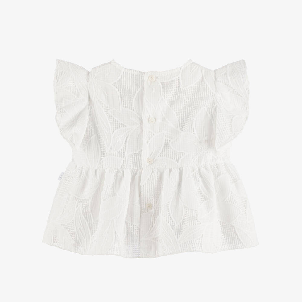 Il Gufo-Girls White Floral Appliqué Blouse with Ruffle Sleeves | Childrensalon