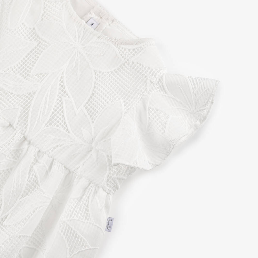 Il Gufo-Girls White Floral Appliqué Blouse with Ruffle Sleeves | Childrensalon