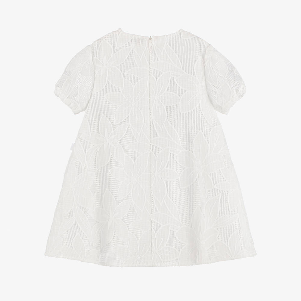 Il Gufo-Girls White Floral Appliqué Dress with Puffed Sleeves | Childrensalon