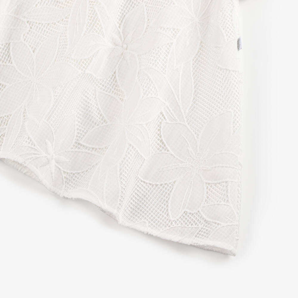 Il Gufo-Girls White Floral Appliqué Dress with Puffed Sleeves | Childrensalon