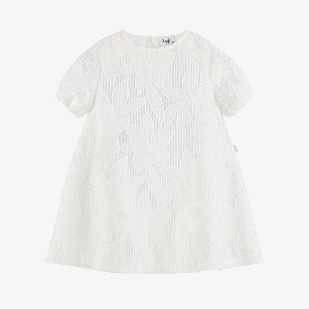 Il Gufo-Girls White Floral Appliqué Dress with Puffed Sleeves | Childrensalon