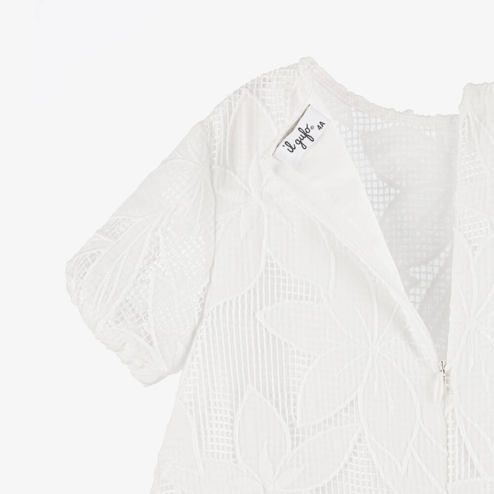 Il Gufo-Girls White Floral Appliqué Dress with Puffed Sleeves | Childrensalon